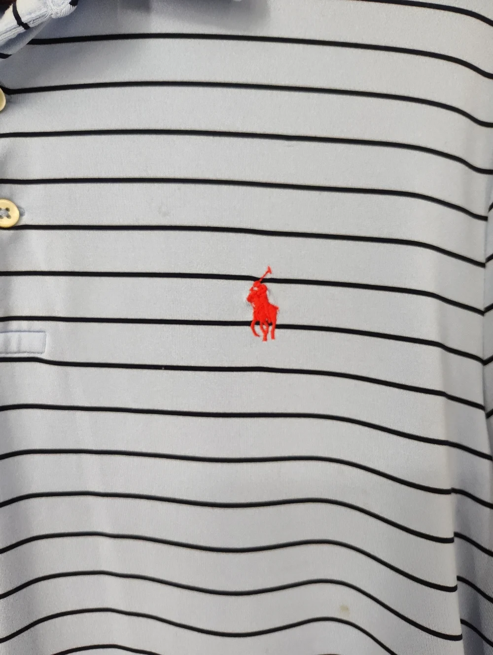 Polo by Ralph Lauren Mens Light Blue Black Striped Polo with Red Logo Size Large